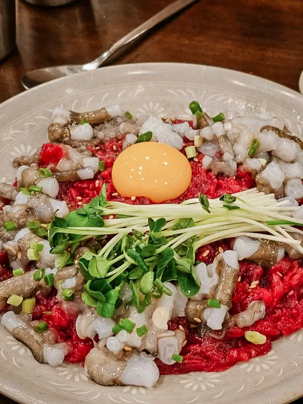 Buchon Yukhoe, Korean food, yukhoe, Korean steak tartare and sannakji