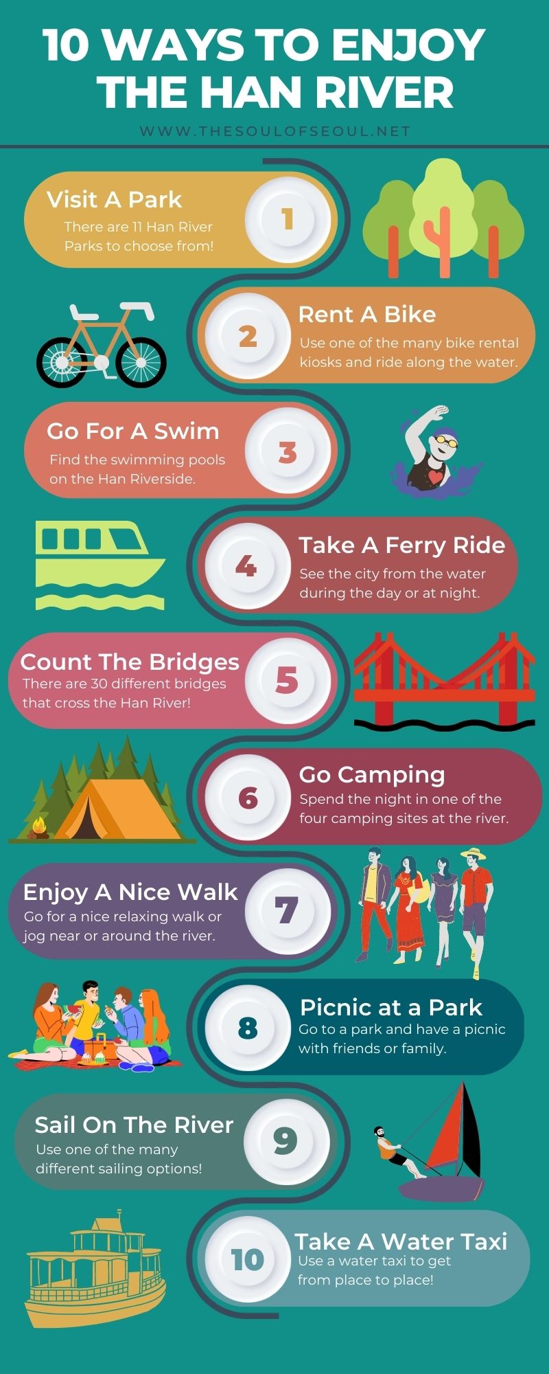 10 Ways to Enjoy The Han River: A helpful infographic with 10 things you can do at the Han River in Seoul, Korea.