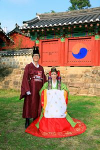 Korean Traditional Wedding: American wife & Korean husband in traditional Korean Hanboks