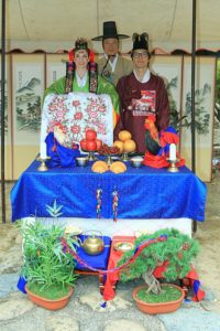 Korean Traditional Wedding: American wife & Korean husband in traditional Korean Hanboks