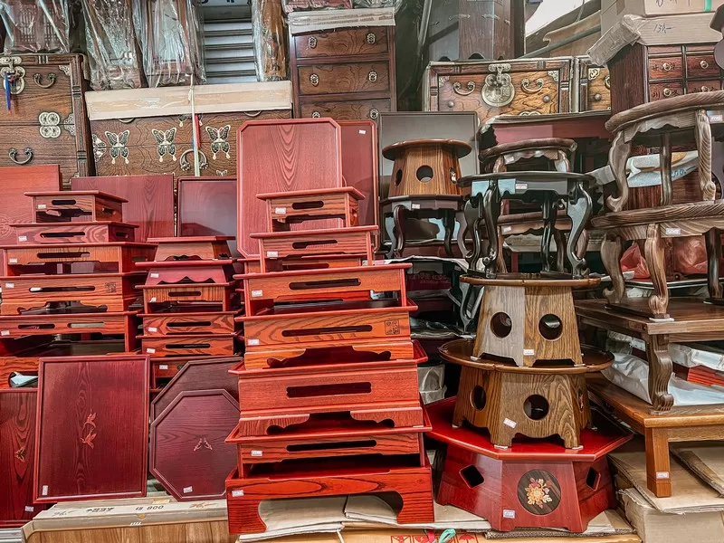 Gukje Market (국제시장), Busan, Korea; Korean wooden tables