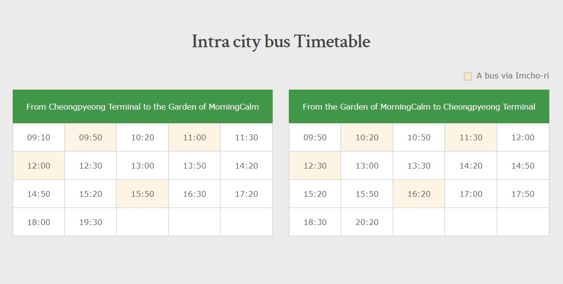 Garden of the Morning Calm, Gapyeong, Korea: Bus Timetable