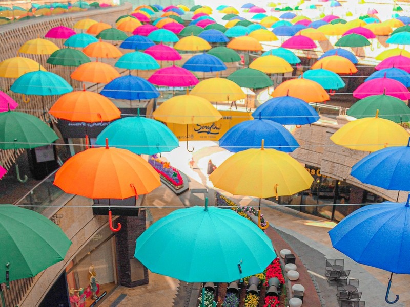 Mecenatpolis, Hapjeong, Seoul, Korea; rain in Korea, umbrellas