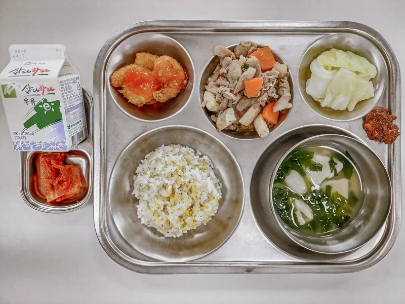 Korean public school lunch, lunch in Korea, Cabbage, Pork stir fry