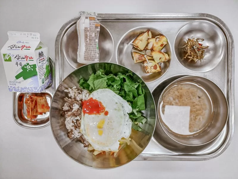 Korean public school lunch, lunch in Korea, Hanwoo bibimbap