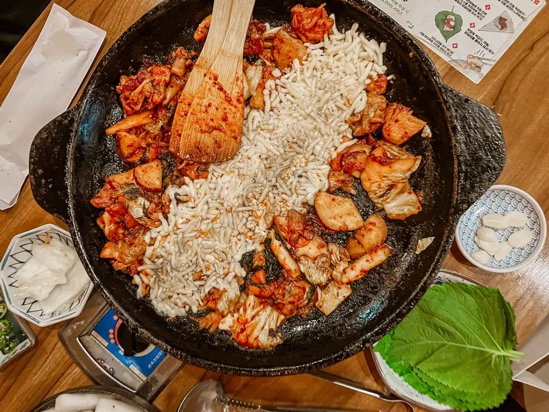 Dakgalbi (닭갈비), spicy stir fry chicken, Chuncheon, Korea; Korean food