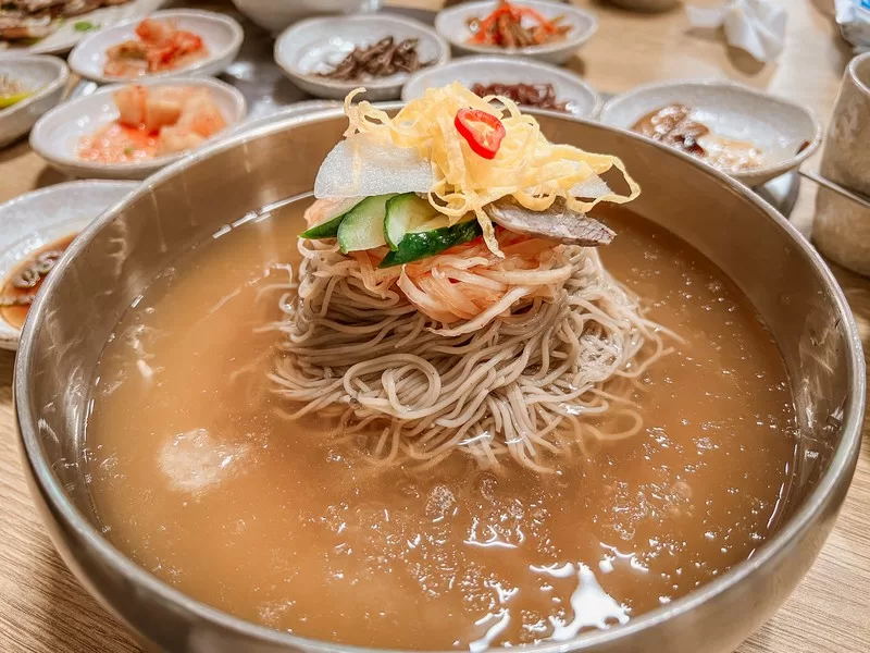 Daedonggang Chogyetang (대동강초계탕), Pyoseon-myeon, Seogwipo-si, Jeju, Korea; North Korean food; Pyeongyang Naengmyeon (평양냉면)