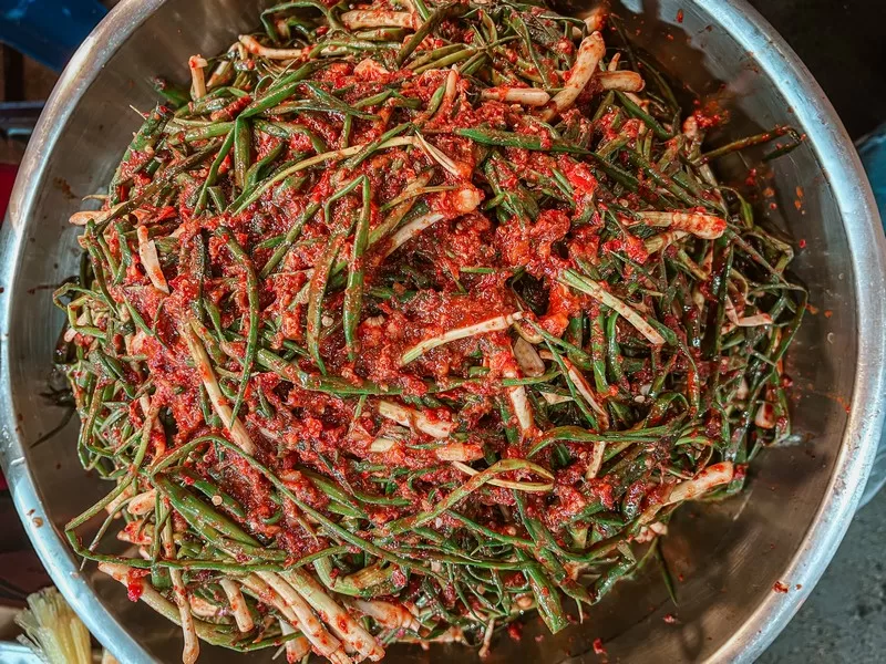 5-day market, Seogwipo-si, Jeju-do, Korea: kimchi, Korean food, Green Onion Kimchi aka Pa Kimchi (파김치)