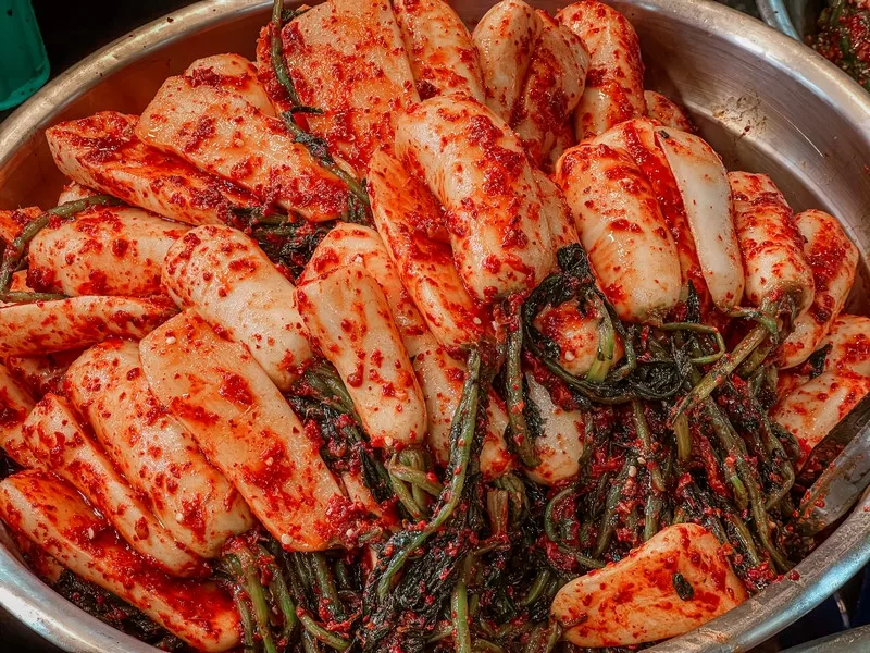 5-day market, Seogwipo-si, Jeju-do, Korea: kimchi, Korean food, Ponytail Radish Kimchi aka Chonggak Kimchi (총각김치)