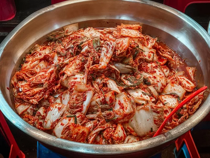 5-day market, Seogwipo-si, Jeju-do, Korea: kimchi, Korean food, Fresh Napa Cabbage Kimchi aka Geotjeori Kimchi (겉절이김치)